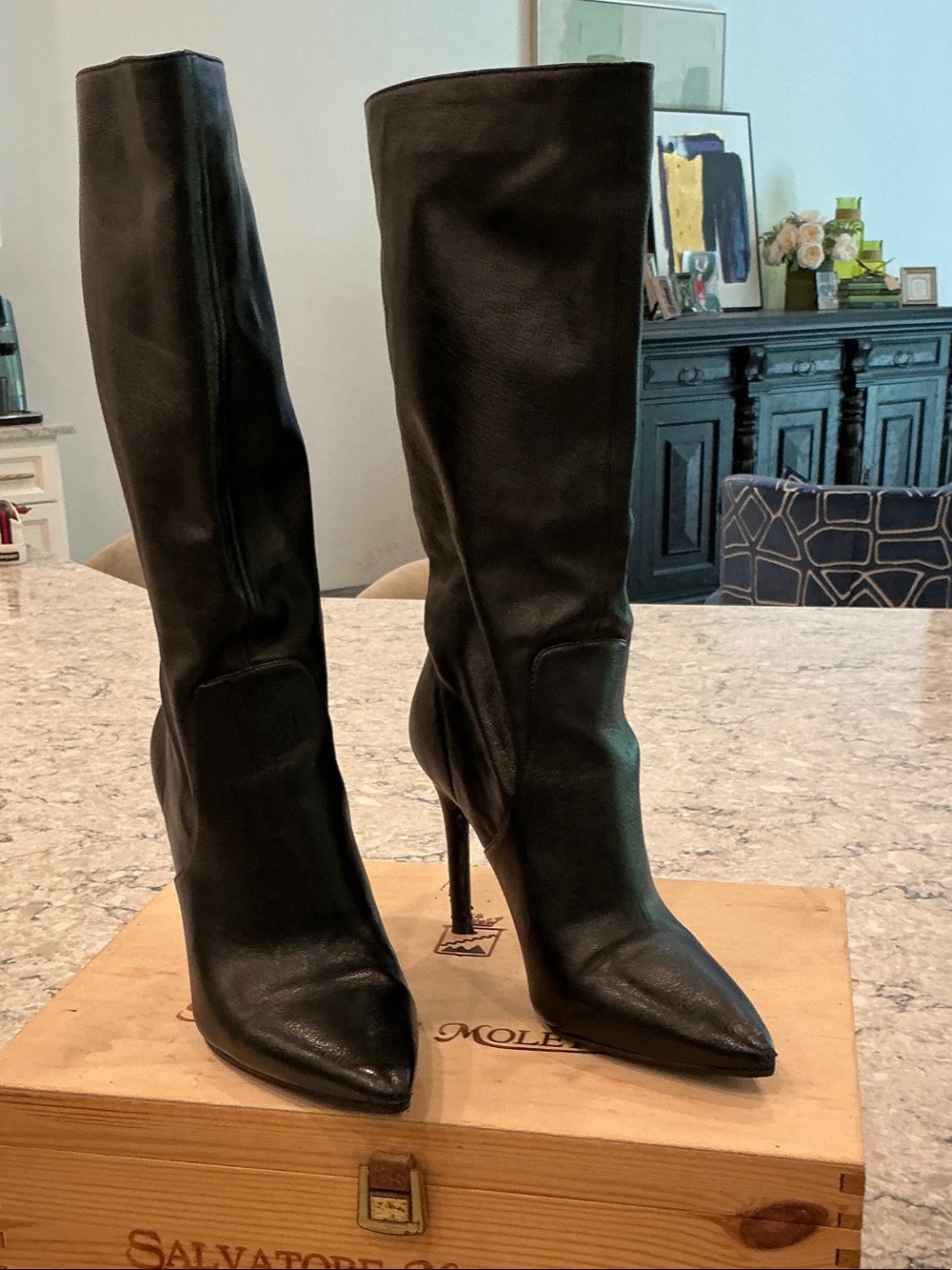 Jessica Simpson Black Leather Pointed-Toe Knee-High Boots (4" heel)